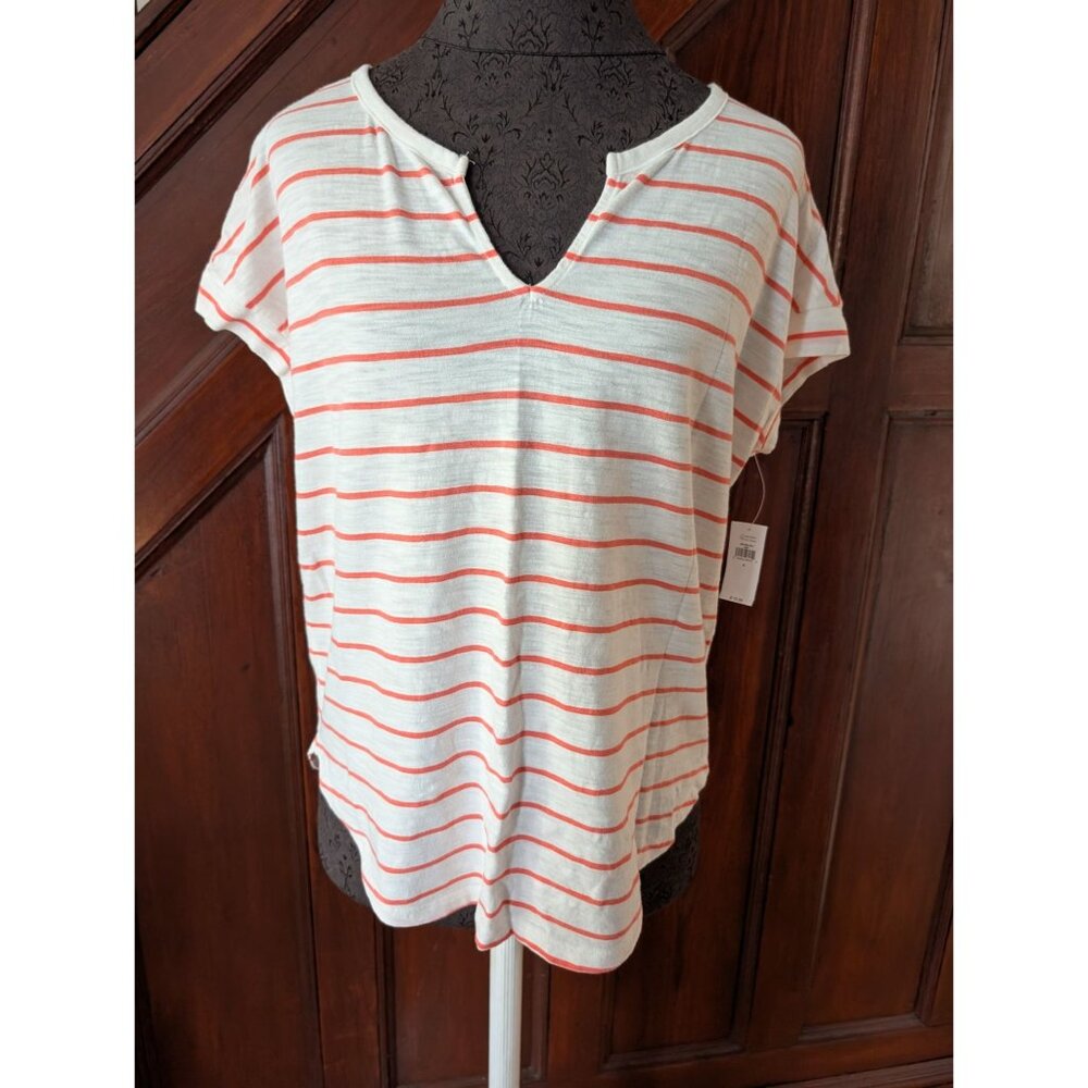 Old Navy Womens Striped Short Sleeve V-Neck Top White & Coral Size S NWT